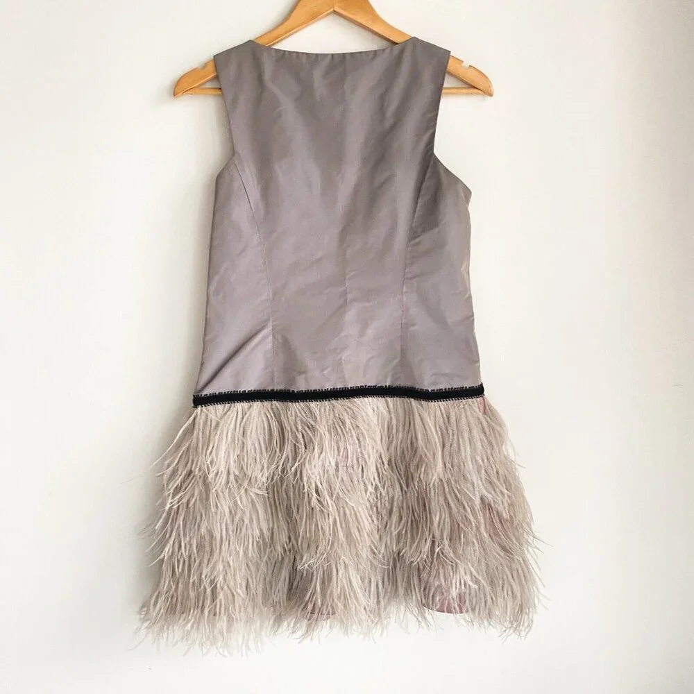 Brose Grey Silk Ostrich Feathers Short Sleeveless Cocktail Dress 6 - Picture 5 of 9